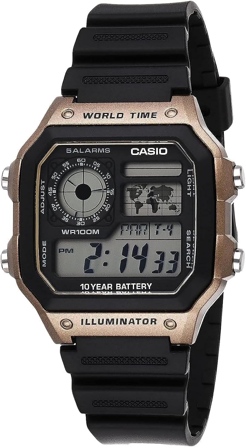 Casio AE1200WH Series | Men’s Digital Watch | 100M WR | Multi Alarms | 100 SEC Stopwatch | Countdown Timer | World Map for World Time | LED Light | LC Analog Display |