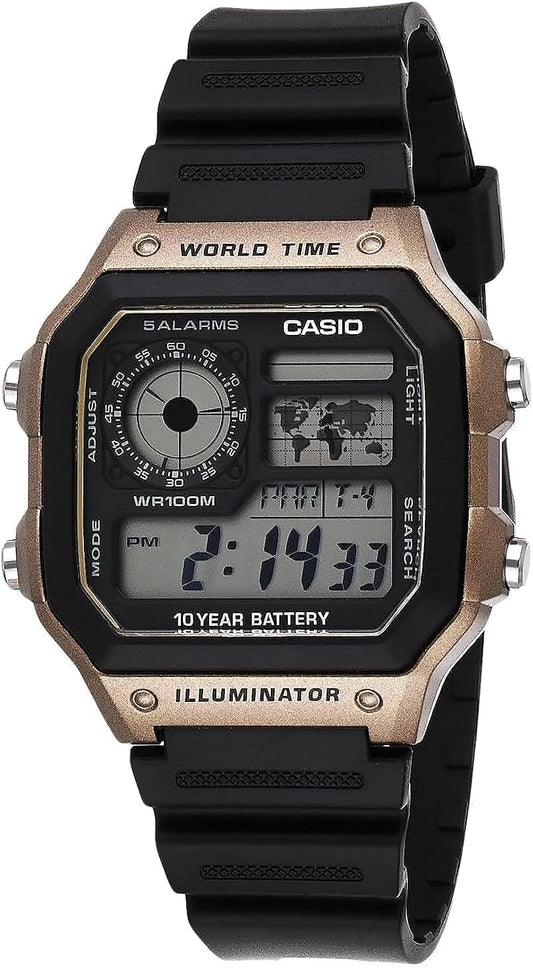 Casio AE1200WH Series | Men’s Digital Watch | 100M WR | Multi Alarms | 100 SEC Stopwatch | Countdown Timer | World Map for World Time | LED Light | LC Analog Display |