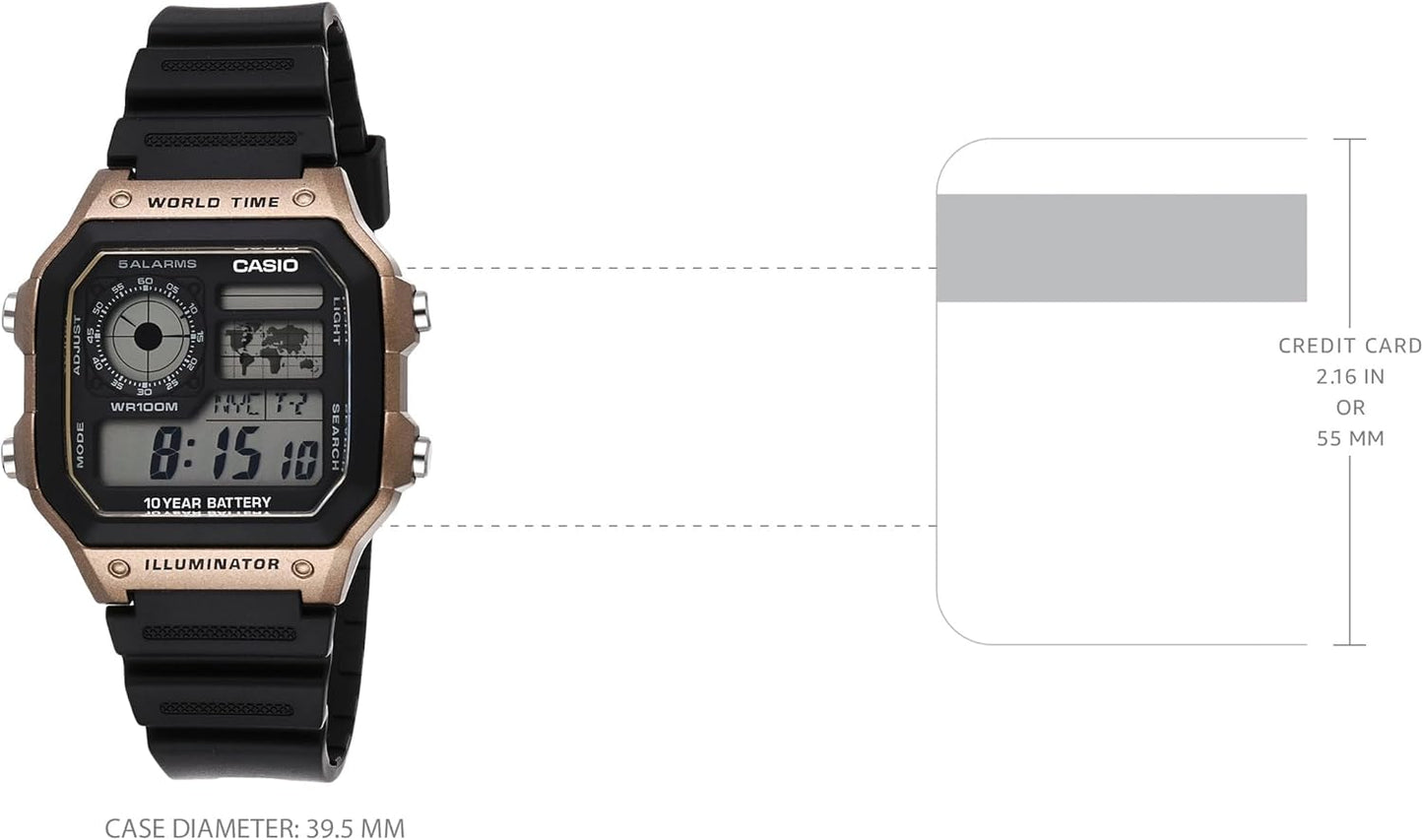 Casio AE1200WH Series | Men’s Digital Watch | 100M WR | Multi Alarms | 100 SEC Stopwatch | Countdown Timer | World Map for World Time | LED Light | LC Analog Display |