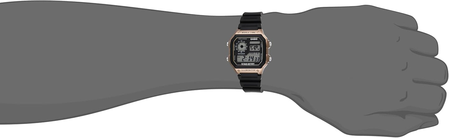 Casio AE1200WH Series | Men’s Digital Watch | 100M WR | Multi Alarms | 100 SEC Stopwatch | Countdown Timer | World Map for World Time | LED Light | LC Analog Display |