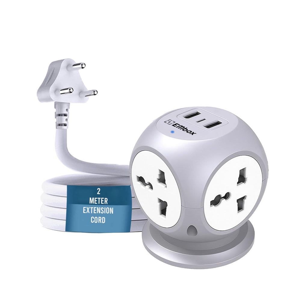 EMBOX Multi Plug Adapter with USB Ports Type -C (QC 3.0) Universal Sockets and LED Indicator, Safety Shutter, 3 Pin Plug Socket Extension, Grey
