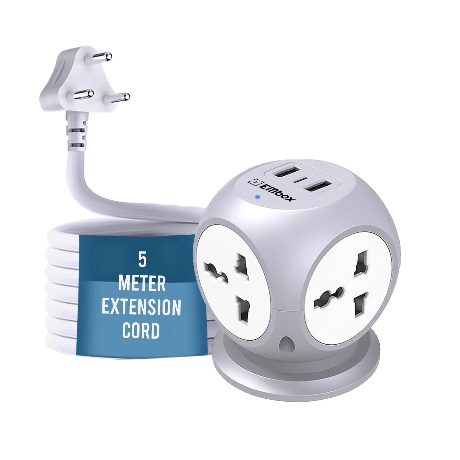 EMBOX Multi Plug Adapter with USB Ports Type -C (QC 3.0) Universal Sockets and LED Indicator, Safety Shutter, 3 Pin Plug Socket Extension, Grey