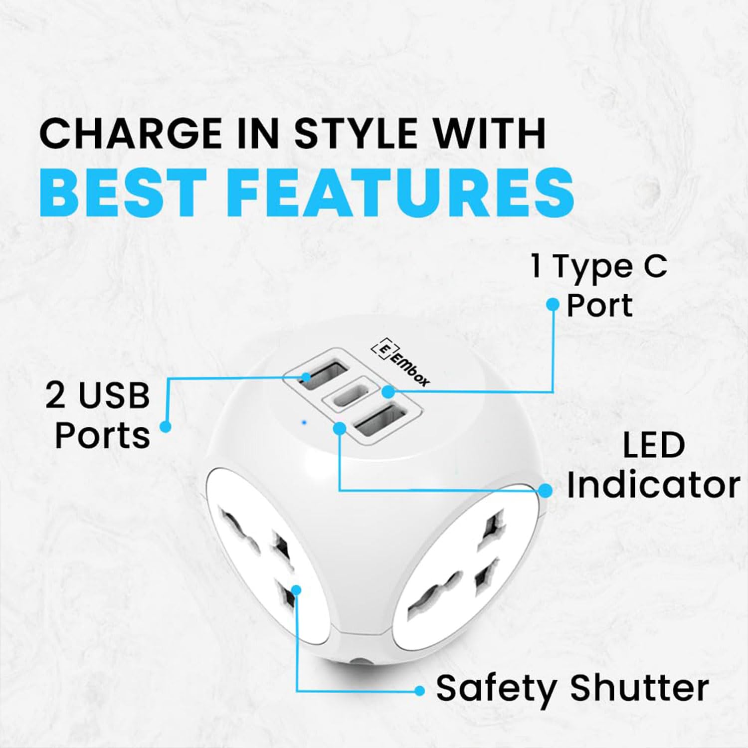 EMBOX Multi Plug Adapter with USB Ports Type -C (QC 3.0) Universal Sockets and LED Indicator, Safety Shutter, 3 Pin Plug Socket Extension, Grey