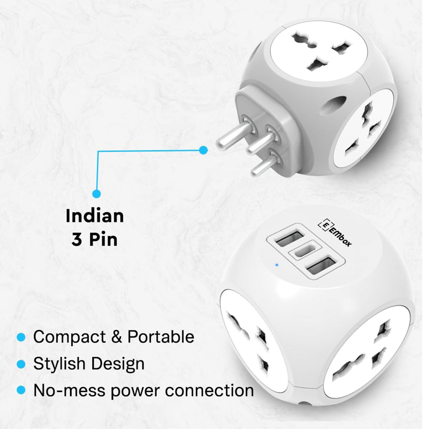 EMBOX Multi Plug Adapter with USB Ports Type -C (QC 3.0) Universal Sockets and LED Indicator, Safety Shutter, 3 Pin Plug Socket Extension, Grey