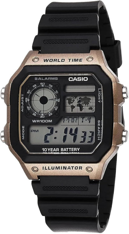Casio AE1200WH Series | Men’s Digital Watch | 100M WR | Multi Alarms | 100 SEC Stopwatch | Countdown Timer | World Map for World Time | LED Light | LC Analog Display |