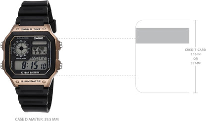 Casio AE1200WH Series | Men’s Digital Watch | 100M WR | Multi Alarms | 100 SEC Stopwatch | Countdown Timer | World Map for World Time | LED Light | LC Analog Display |