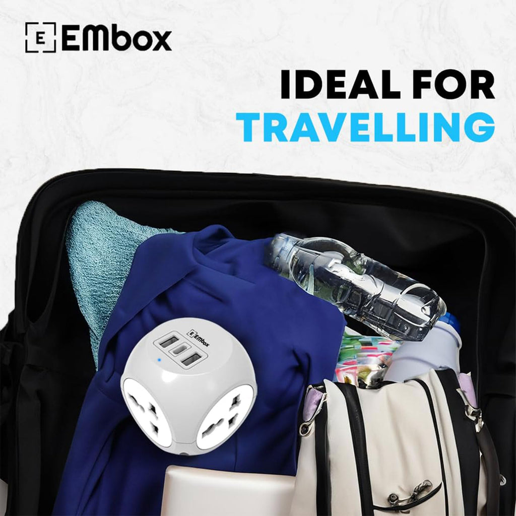 EMBOX Multi Plug Adapter with USB Ports Type -C (QC 3.0) Universal Sockets and LED Indicator, Safety Shutter, 3 Pin Plug Socket Extension, Grey