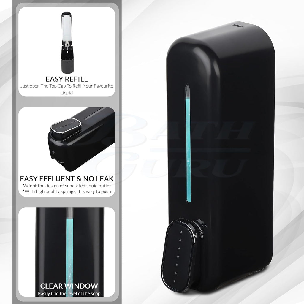 BATH GURU Bathroom Soap Shampoo Abs Wall Mounted Liquid Sanitizer Gel Kitchen Dishwash Plastic Dispenser 350 Ml Pack of 1 Slim Black