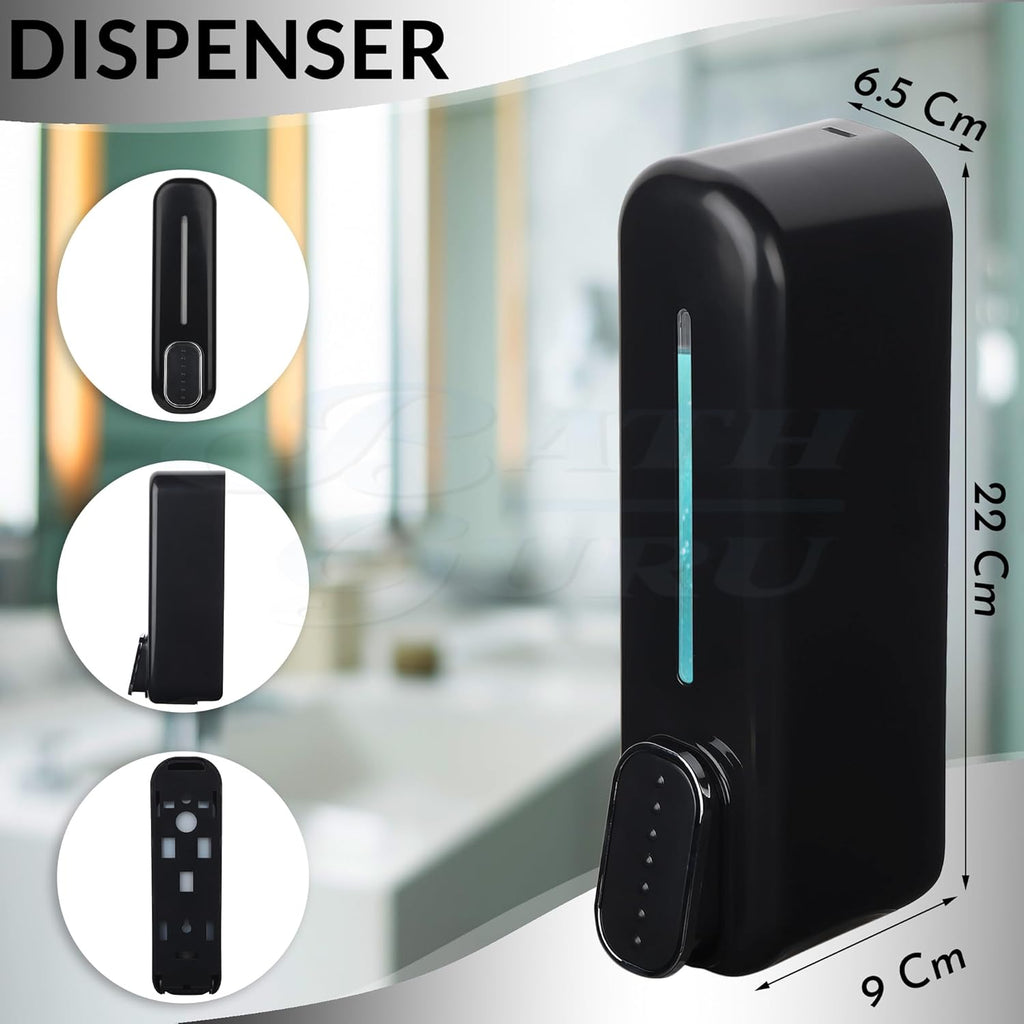BATH GURU Bathroom Soap Shampoo Abs Wall Mounted Liquid Sanitizer Gel Kitchen Dishwash Plastic Dispenser 350 Ml Pack of 1 Slim Black